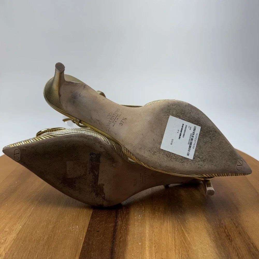 Womens Valentino Garavani VLOGO Gold Metallic Slingback Heels SZ 37.5 MSRP $1370